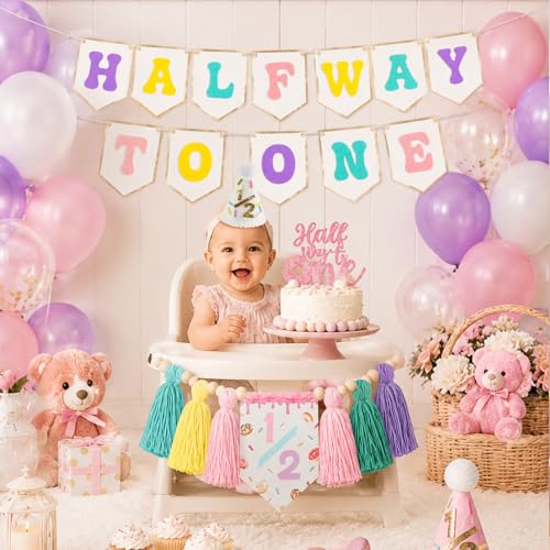 1/2 Birthday Girl Half Birthday Decorations, Donuts Candy Half Way to One Banner Glitter Cake Topper Tassel Wood Bead High Chair Banner & Cone Hat 6 Months birthday Decorations Party Supplies - color: Candy Color