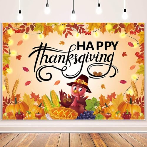 MEHOFOND 7x5ft Happy Thanksgiving Backdrop Pumpkin Turkey Maple Leaf Thanksgiving Party Decorations Banner Fall Thanksgiving Day Party Photography Background Sign Poster Banner - color: Happy Thanksgiving, size: 7x5ft