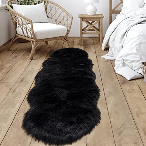 Goolela Black Fluffy Runner Rug 2x6 for Bedroom Faux Sheepksin Fur Fuzzy Furry Bedside Rug Shaggy Plush Soft Sheepskin - color: Black, size: 2' x 6' (Sheepskin)