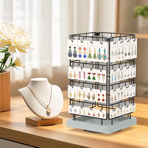EsLuker.ly Rotating Earring Display Holder Stand for Vendors Events Selling, Large Capacity 64 Hooks Jewelry Rack with Wooden Base for Earring Card Sales, Enhances Retail Visibility (Light Grey) - color: Light Grey+Black