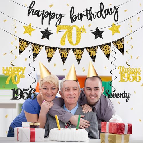 12PCS 70th Birthday Decorations for Men Women, Black Gold Vintage 1956 Happy 70th Birthday Banner Triangle Flag Banner Glitter Hanging Swirls Party Supplies, Cheers to 70 Years Old Bday Decor - style: Black Gold 70th