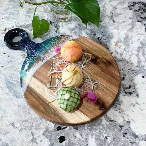 Acacia Wood Serving Board with Ocean Resin Art, 14.6" x 10.2" Charcuterie Cheese Tray for Display & Prep, Cutting Board on Back, Includes Stand & Loofah, Christmas Housewarming Gift (Round) - color: Round Cutting Board, size: 14.6" x 10.2" x 0.7"