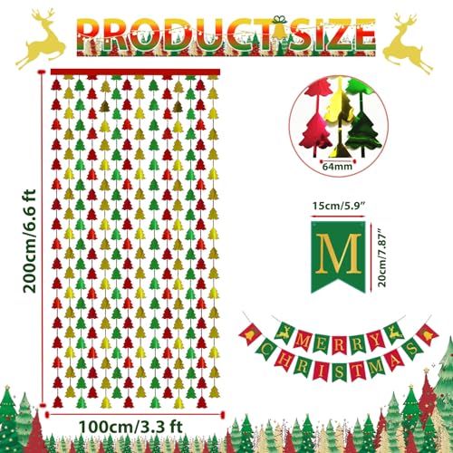 OQOQ Christmas Party Decorations, 2 Pcs 3.3x6.6 ft Red Green Gold Christmas Tree Tinsel Foil Fringe Curtains Backdrops & 1 Pcs Xmas Banner Large Photo Booth Props Indoor Party Wall Door Room Decor - color: Red Green Gold