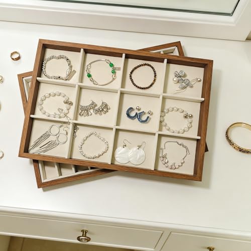 Large Jewelry Trays for Drawers Stackable Velvet Jewelry Display for Vendors Jewelry Drawer Organizer Inserts for Rings Necklace Bracelets Earrings and Studs Earrings (Beige, 12 Grid) - color: Beige, size: 12 Grid