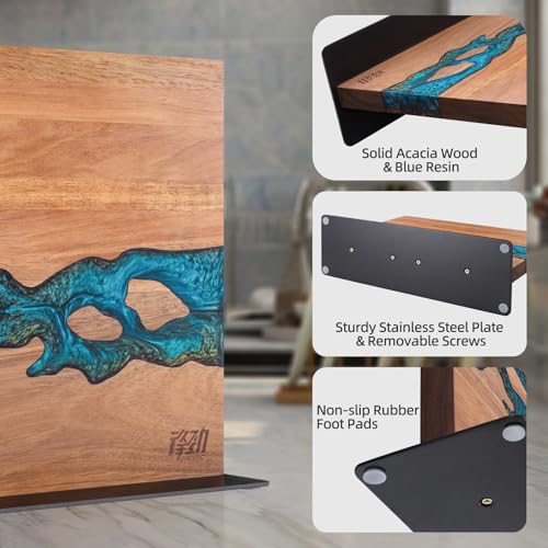 FINDKING Magnetic Knife Block, Double Sided Holder, Powerful Magnet Kitchen Storage, Acacia Wood and Blue Resin (12 x 10 Inches, Without Knives) - color: Blue