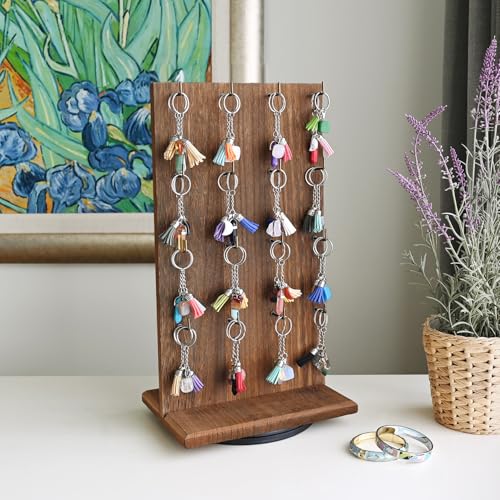 Ikee Design Wooden Rotating Two-Sided Jewelry Display Stand, Rotating Organizer with 32 Long Hooks for Store, Keychain Earring Display, Brown color, 9.1W x 7.5 D x 17.1 H in - color: Brown, 1 Piece, Long Hook