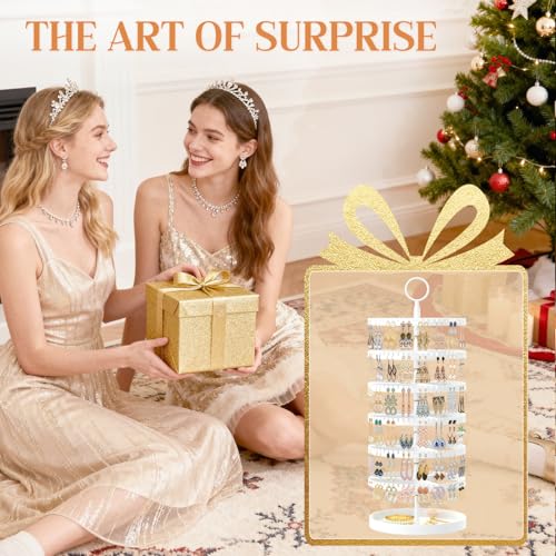 iDavosic.ly 6 Tier Rotating Earring Holder Organizer with Metal Tray, Adjustable Plastic Dangle Display Stands Tree with 342 Grooves, Large Hoop Storage Rack Tower, White - color: White, size: 6 Tiers