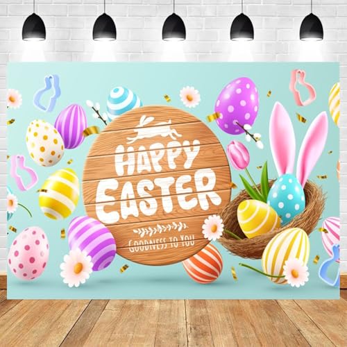 5x3ft Happy Easter Backdrop Spring Bunny Photo Background Colorful Eggs Floral Party Decorations Happy Easter Banner Rabbit Eggs Daisies Tulips Party Backdrop - color: color 7, size: 5x3ft