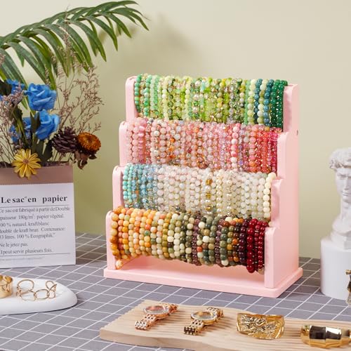 Emfogo Bracelet Holder, 4 Tier Bracelet Organizer Storage for Bracelets Bangles Watch Scrunchies, Rustic Wood Jewelry Organizer Display for Home, Vendors, Craft Shows and Store(Pink) - color: Pink