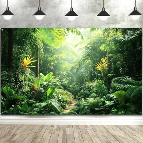 5X4ft Jungle Forest Backdrop Green Rainforest Tropical Palm Leaves Photography Background Summer Hawaiian Luau Adventure Wedding Bride Newborn Baby Shower Party Decorations Photo Studio Props - color: Green, size: 5X4FT