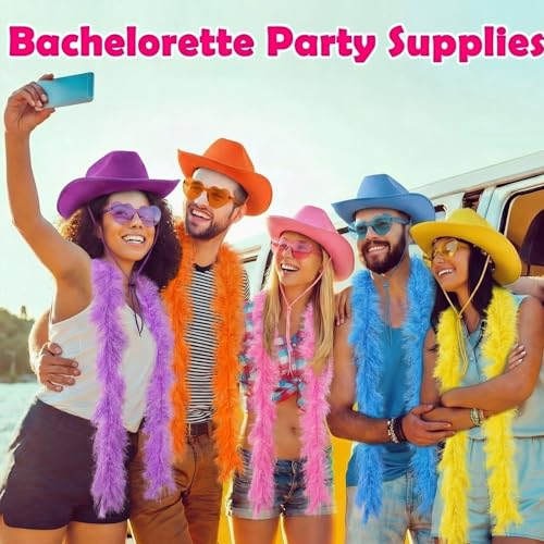 18 Pcs/6 Set Feather Boas Party Pack Include Fluffy Artificial Feather Boas Heart Sunglasses and Cowgirl Hats Bachelorette Accessories Neon Photo Props for Birthday Wedding Costume Parties