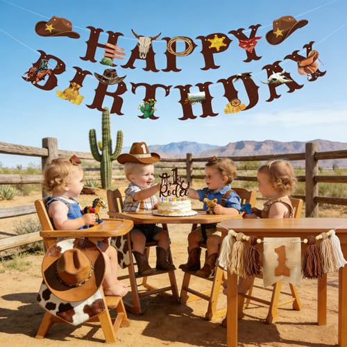 Western Cowboy 1st Birthday Decorations Boy-My First Rodeo Felt Birthday Banner Western Rodeo First Birthday High Chair Banner With Rodeo Cake Topper & Cowboy Hat,Cowboy First Birthday Decorations - color: Cowboy