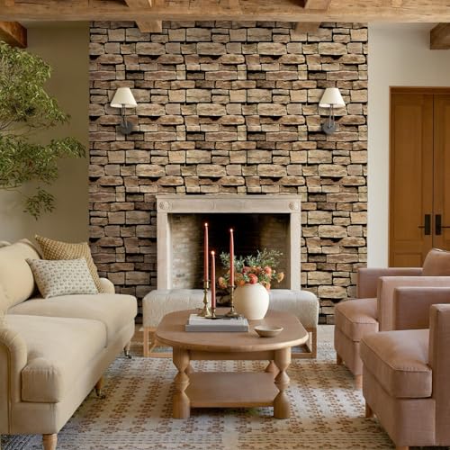 COMSTICKC Peel and Stick Faux Stone Wall Sticker Wall Panels, 10 Pcs 12" x 12", Not Real Stone, Ultra-Light Thin PVC Rock Adhesive Decorative Tiles Wall Covering Wallpaper Interior Decor - color: Brown Stone-1