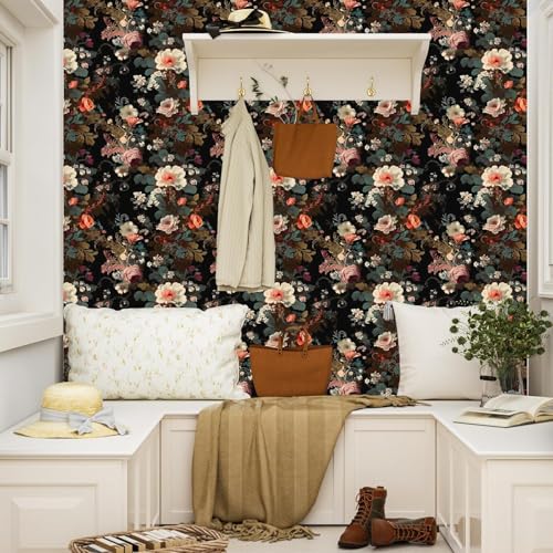 Black Floral Wallpaper Peel and Stick Vintage Colorful Floral Wallpaper Leaf Contact Paper for Cabinet Waterproof Self Adhesive Wall Paper for Kitchen Countertop Wall 17.5" x 197" - color: Dark Floral, size: 17.5" x 197"