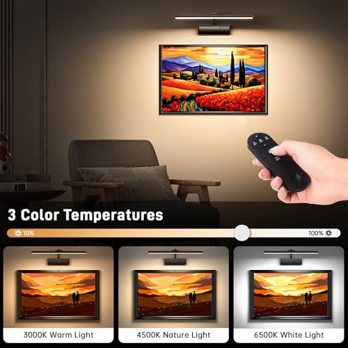Racokky Picture Light, 15.35inch Picture Lights for Wall Rechargeable, Battery Lights for Pictures on Wall, 3 Color Art Lighting for Paintings with Timer and Dimmable Artwork Display (Black-2PCS) - color: Black, size: 15.35inch-2pack