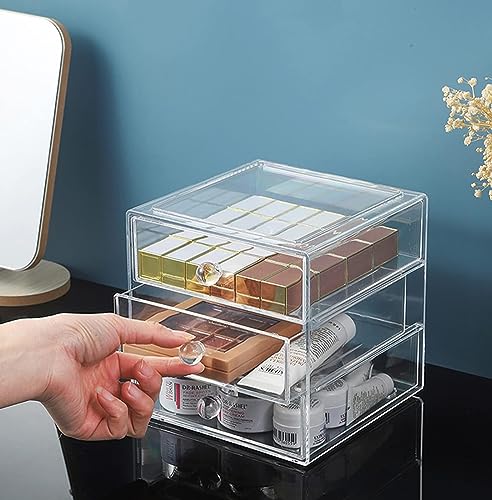 AJIODA Makeup Drawer Organizer Box with 3 Drawers, Acrylic Cosmetic Display Case Vanity Organizer Jewelry Storage Box Stackable Storage for Cosmetics, Skin Care, Bathroom, Countertop, Clear - color: Clear Handle