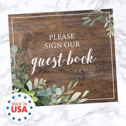 Lush Greenery Please Sign Our Guestbook Sign / 8" x 9" Flat Rustic Faux Wood Wedding Guest Signature Sign/Modern Floral Plastic Table Top Plaque/Made In The USA - color: Lush Greenery, style: Guestbook
