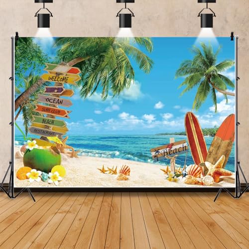Leowefowa 7x5ft Summer Surfboard Party Photography Backdrop Summer Beach Tropical Tree Blue Sky Seaside Background Hawaiian Beach Party Banner Decor Photo Supplies Prop - size: 7x5ft