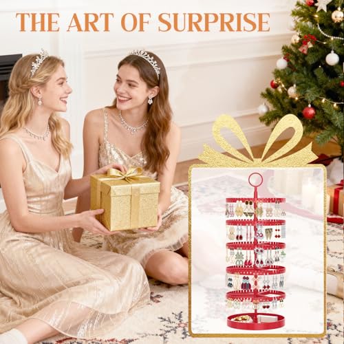 iDavosic.ly 5 Tier Rotating Earring Holder Organizer with Metal Tray, Adjustable Plastic Dangle Display Stands Tree with 285 Grooves, Large Hoop Storage Rack Tower, Red - color: Chili Red, size: 5 Tiers