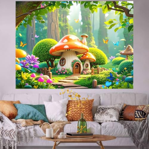 BlissYard 8x6ft Forest Mushroom Background Banner Forest Mushroom House Theme Outdoor Party Decorations Jungle Butterfly Backgroup Photo Prop Banner Photography Background for Baby Shower Party Decor - color: Forest Mushroom Background#3