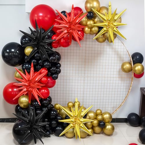 Red Black Gold Star Balloons, 22 Inch Foil Explosion Star Balloon, Spike Balloons Stars Cone balloons for Graduation Casino Night Hollywood New Years Movie Night Birthday Decorations - color: Red Gold Black