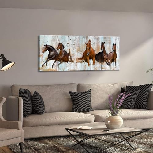 Horse Canvas Wall Art Racing Horses on Vintage Wood Textured Background Animal Picture Rustic Country Style Modern Giclee Print Gallery Wrap Home Decor Ready to Hang 20"x48"