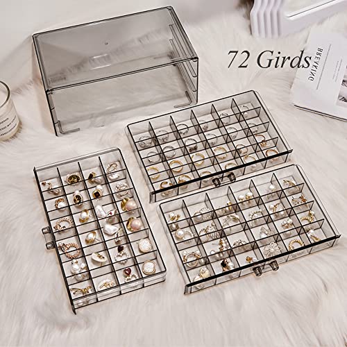 YUFONG Earring Storage Box Organizer 3 Drawers Acrylic Jewelry Storage Box Holder Transparent Jewelry Display Stand with 72 Small Compartments Gift for Women Girls (Clear Black) - color: Clear Black