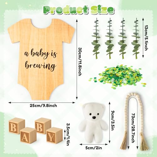 12Pcs Pregnancy Announcement Set Pregnancy Reveal Ideas Include Wooden Sign Beads Garland Wood Blocks Eucalyptus Leaves and Bear Coming Soon Baby Announcement Props for Grandparents Dad Husband Family - color: Green