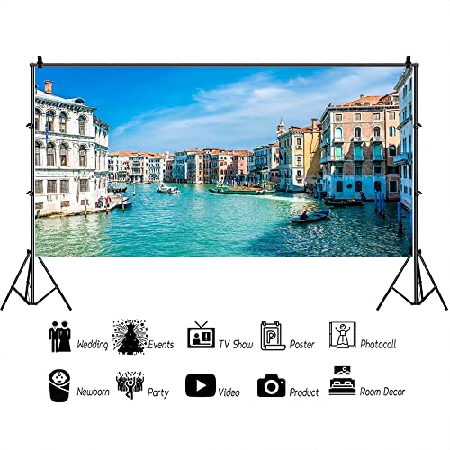 AOFOTO 15x8ft Italy Venice Photography Backdrop Water City Streetscape Italian Themed Party Decorations Background for Restaurant Canal Gondolas European Trip Birthday Portrait Photoshoot Props - size: 15x8ft