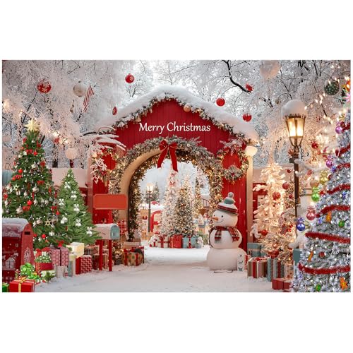 Christmas Photography Backdrop - Merry Christmas Banner, Snowy Winter Wonderland, Christmas Trees, Red Archway, Snowman - Xmas Party Decoration Photo Booth Prop Background Cloth (5x3 FT)