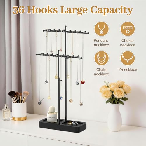 MODOWEY Necklace Holder Organizer Stand with Wood Tray, 36 Hooks Tall Display Tree for Women Men Vendors, Adjustable 2 Tier Metal Jewelry Rack, Large Capacity for Dresser Small Space, Black+Black - color: Black+Black, size: 2 Tier