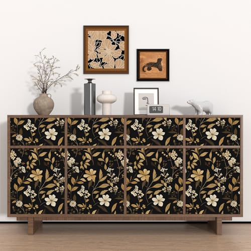 Fvlow Black Floral Wallpaper Peel and Stick Gold Leaf Contact Paper 17.4" x 118" Boho Wallpaper Waterproof Self Adhesive Wall Covering for Bedroom Countertop Desk Cabinets Decor - color: Gold/Black/White, size: 17.4" x 118"