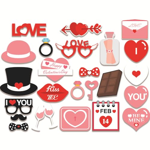 Valentine’s Day Photo Booth Props 24 Pcs Romantic Love Heart Selfie Props Happy Valentine’s Day Glasses Cute Hat Mustache Heart Photograph Props for Wedding Bridal Shower Party Supplies