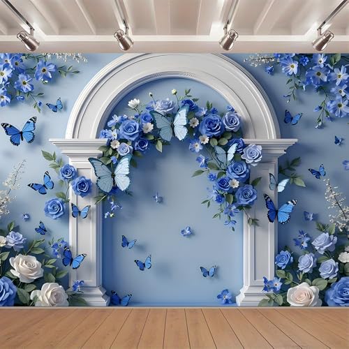 Blue Flowers Butterfly White Arched Doorway Backdrops Light Blue Background Rose and Green Leaves Wedding Photography Backdrop Bridal Shower Wedding Anniversary Decorations Backdrop (A, 9 * 6feet) - color: A, size: 9*6feet