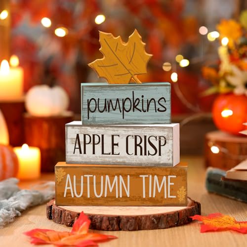 Lineshading 4 Pcs Thanksgiving Decoration for Home Wooden Maple Leaf Fall Tiered Tray Decor Thanksgiving Centerpiece Rustic Decorative Maple Leaf Block Signs Gift Farmhouse Autumn Decoration for Home - style: Autumn Maple Leaf