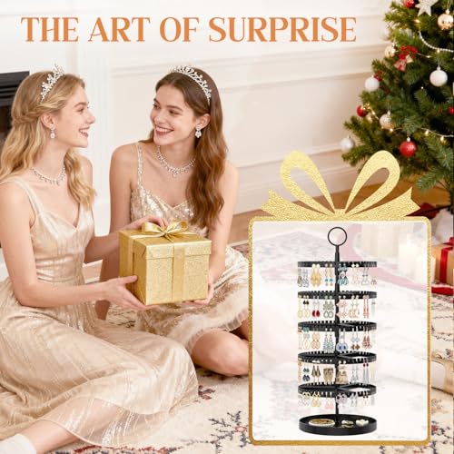 iDavosic.ly 5 Tier Rotating Earring Holder Organizer with Metal Tray, Adjustable Plastic Dangle Display Stands Tree with 285 Grooves, Large Hoop Storage Rack Tower, Black - color: Black, size: 5 Tiers
