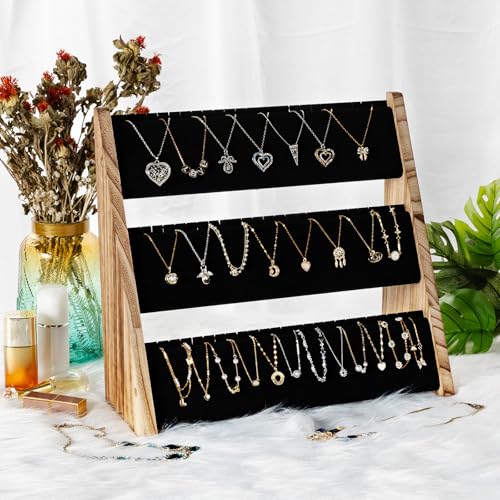 Necklace Holder, 3 Tier Necklace Organizer Stand with Velvet, Wood Necklace Display Stands for Selling, Jewelry Display Stand for 72 Necklaces Bracelets (Brown) - color: Black and Brown, size: 1 Pack