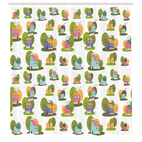 Ambesonne Cartoon Shower Curtain, Repetitive Houses and Trees Continuous Pattern on a Plain Background, Cloth Fabric Bathroom Decor Set with Hooks, 69" W x 70" L, White Pale Olive Green - color: White Pale Olive Green, size: 69" W x 70" L