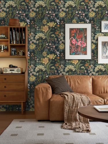 Abyssaly Dark Green Floral Peel and Stick Wallpaper, Vintage Tulip Contact Paper for Cabinets Drawers, Self Adhesive Boho Wallpaper for Bedroom Bathroom 17.7in x 118in - color: Olive Green, size: 118" x 17.7"