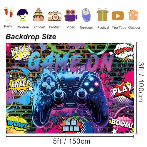 Game On Party Backdrop - 5x3ft Video Game Birthday Background Banner for Boys Kids Teens, Neon Gamer Controller Theme Party Supplies, Level Up Gaming Decorations Wall Photo Booth Prop - size: 5x3ft