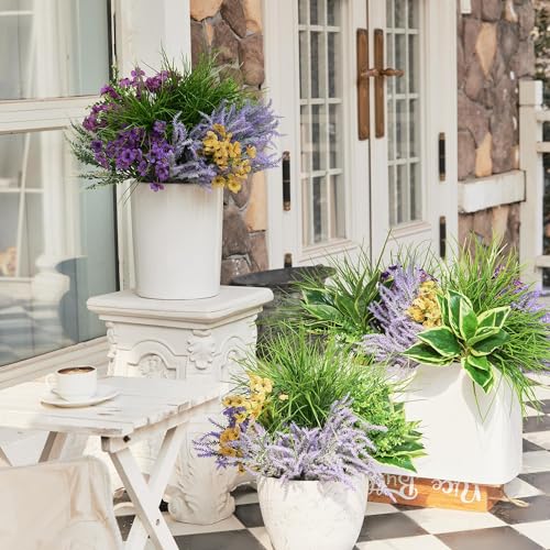 25Pcs Outdoor Artificial Boxwood UV Resistant Fake Stems Plants, Faux Plastic Greenery for Indoor Outside Hanging Plants Garden Porch Window Box Home Wedding Farmhouse Décor - color: Lavender