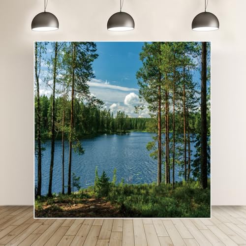 10x10ft Forest Lake Photo Backdrop Park Lakeside Green Trees Natural Scenery Background Banner Spring Summer Countryside Outdoor Picnic Camping Hiking Decor Kids Adults Portrait Studio Props - size: 10x10ft