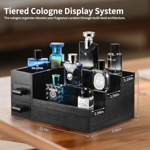 Perfume Stand Organizer for Men, 3 Tier Perfume Display Shelf with Velvet Lining Drawer and Hidden Compartment,Display Risers (Black - 2 Drawer) - style: 2 drawer - Black