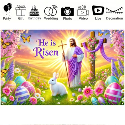 BlissYard Happy Easter Banner 71x43 Inch He is Risen Easter Backdrop Spring Christian Cross Lily Jesus Photography Background Religious Party Decorations Photo Banner Booth Studio Props - color: He is Risen Banner#1