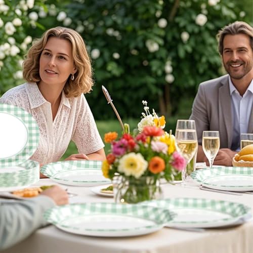 Grencian 50 Pcs Gingham Party Supplies 10"x12" Large Sage Green Gingham Oval Plates Disposable Heavy Duty Green and White Checkered Plaid Paper Plates for Baby Shower Picnic BBQ Birthday Wedding Bride - style: Green Gingham Oval Plates