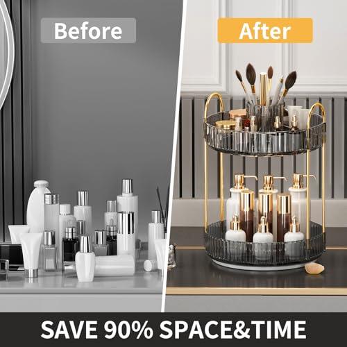 360° Rotating Makeup Organizer, Large-Capacity Skincare Make Up Storage 2 Tier Perfume Organizers Cosmetic Dresser Organizer with Makeup Brush Holder, Fits Bedroom, Bathroom, Vanity Shelf Countertop - color: Light Gray, size: 2 Tier