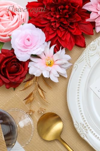 Floweroyal Artificial Flowers Combo Red Flowers Mix Silk Flowers Dahlia Roses with Stems for DIY Wedding Bridal Bouquets, Baby Shower, Floral Arrangement, Table Centerpieces, Home Decorations. - color: Red & Pink