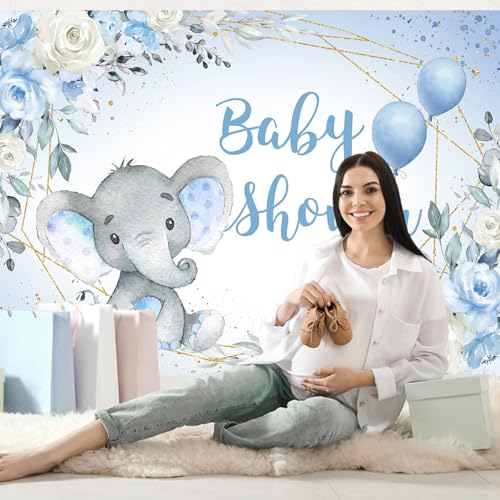 InMemory Blue Elephant Baby Shower Backdrop Watercolor Flower It's A Boy Oh Baby Shower Party Decorations Photography Background Floral Little Peanut is On The Way Wall Banner 7x5ft - color: Blue, size: 7x5ft