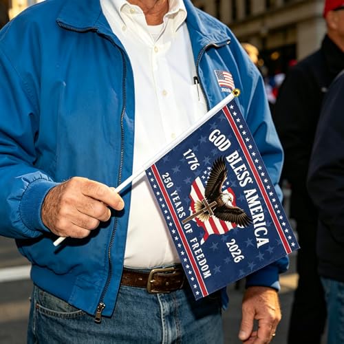 12 Pcs Small American Flags On Stick 250 Anniversary USA Flag Merchandise, Double Sided 250th Anniversary Patriotic Signs Hand Held Flags for Room House Welcome Lawn Backdrop Parade, God Bless America Flags for Outside 4th of July Day Decorations