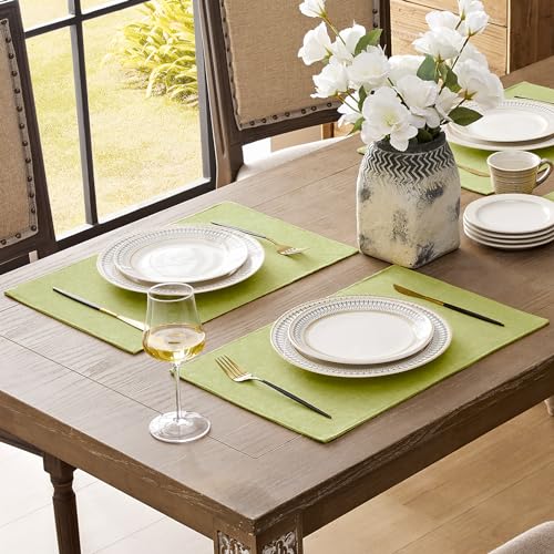 Romanstile Cloth Placemats Set of 4-12 x 18 Inch, Heat Resistant Double Layered Thickened Burlap Place Mats, Washable Faux Linen Farmhouse Table Mats for Kitchen/Dining/Party/Outdoor, Green - color: Light Green, size: Placemats 12" X 18", Set of 4